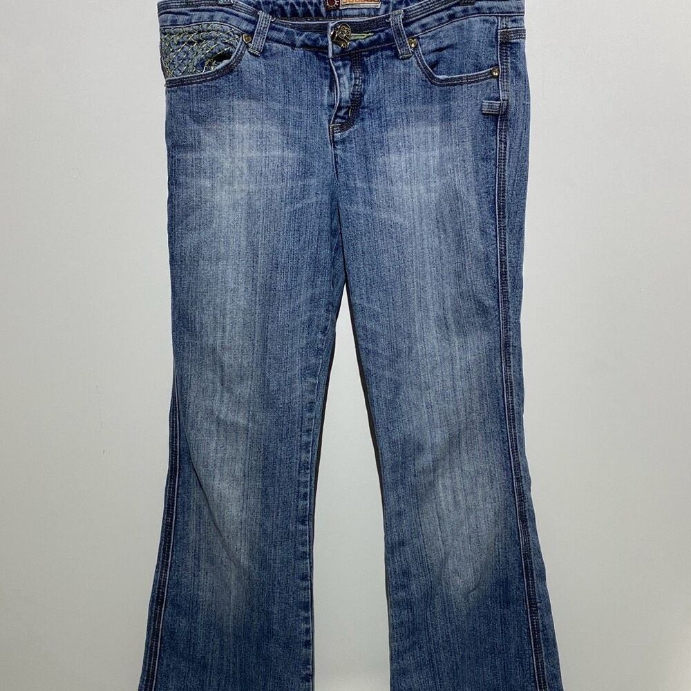 JouJou Womens Bootcut Jeans Medium Wash‎ Embroidered Heart Button Y2K Blue Denim